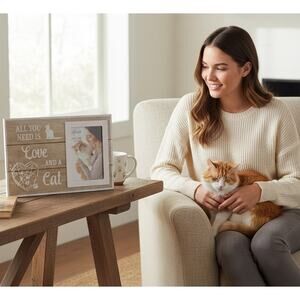 GIFTAGIRL Frame "All You Need is Love and a Cat" Heart String Wood Paw NWT
